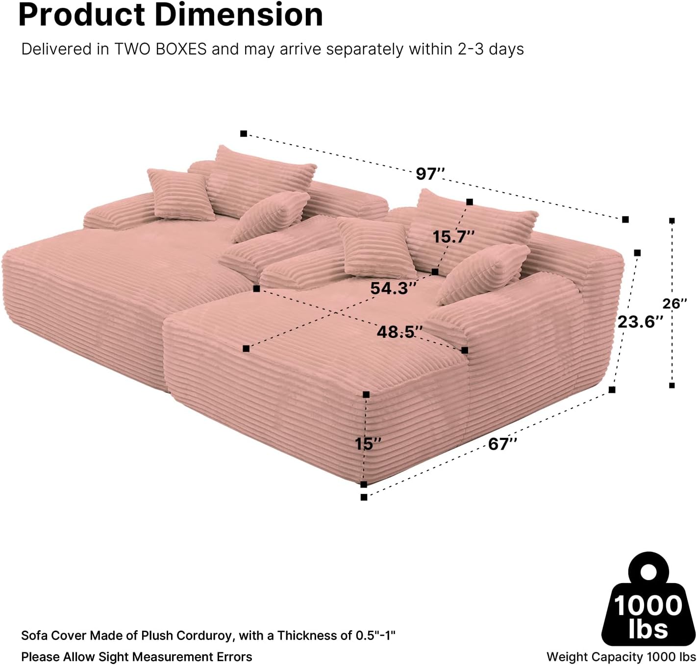 68'' Chaise Lounge Chair Indoor, Grey Plush Corduroy Cloud Couch