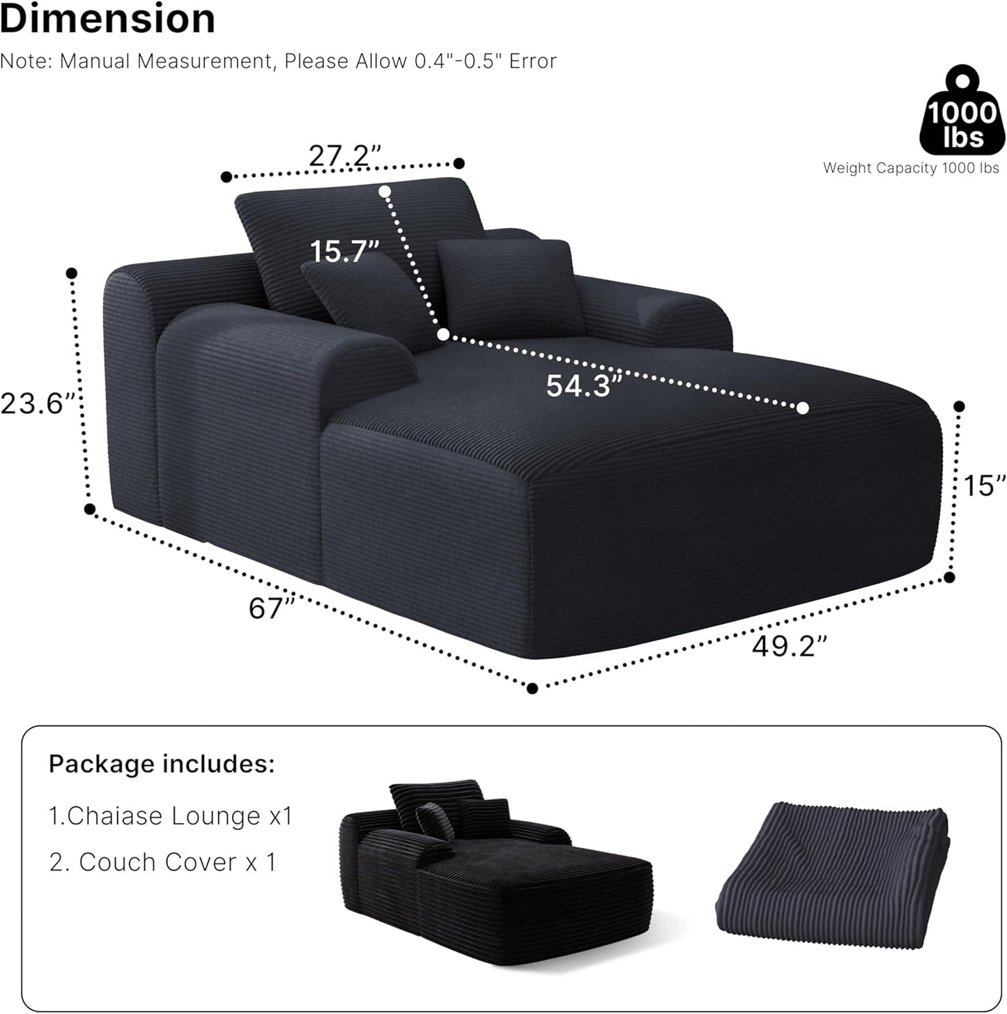 68'' Chaise Lounge Chair Indoor, Grey Plush Corduroy Cloud Couch