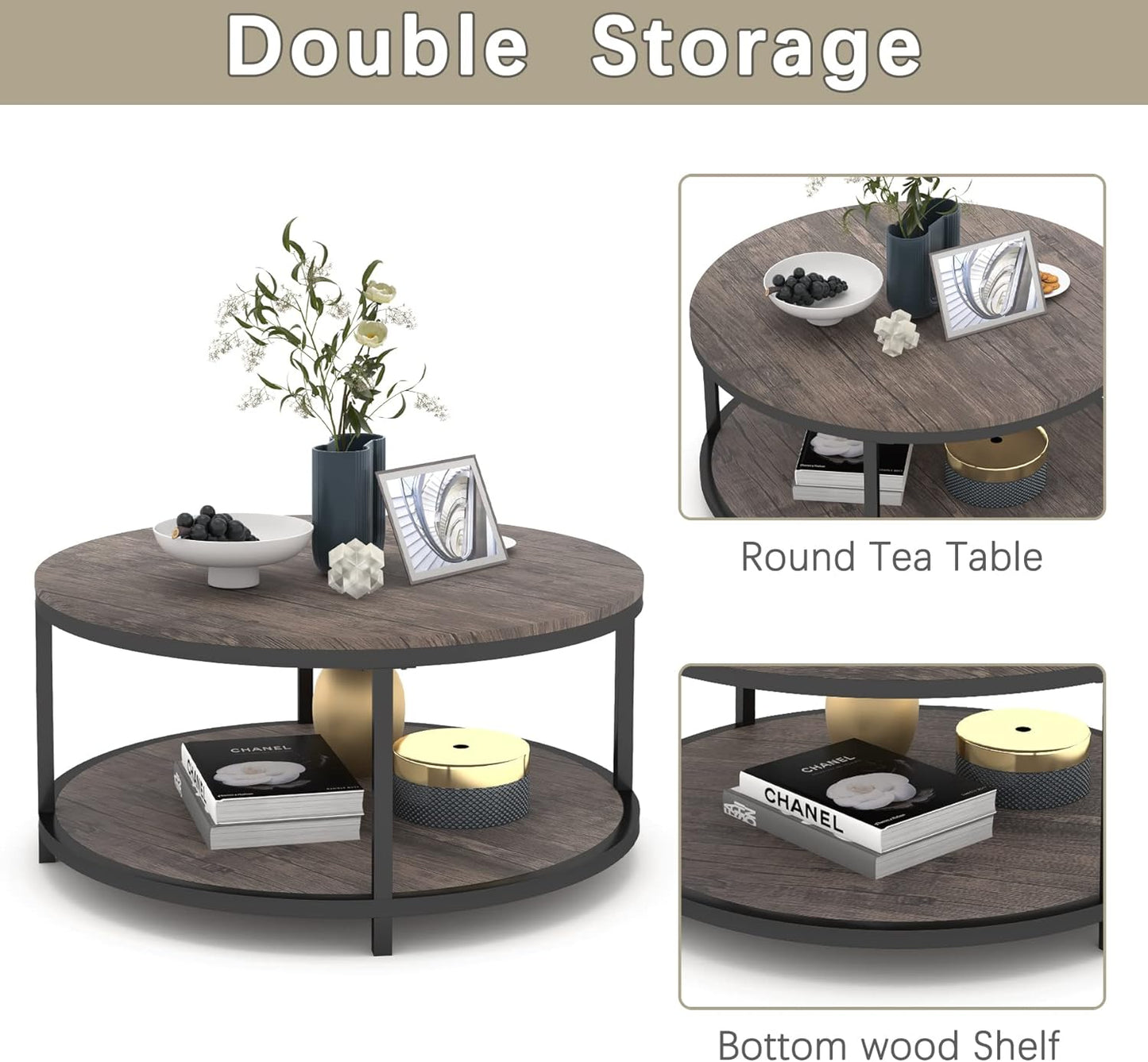 NSdirect Round Coffee Table,36" Coffee Table for Living Room