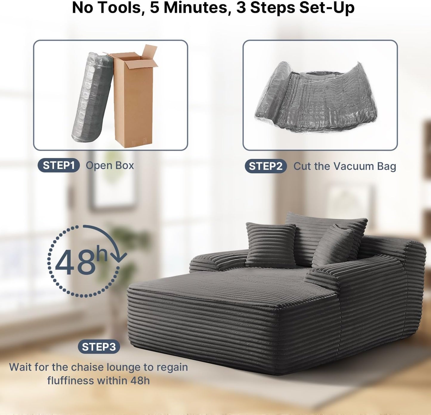 68'' Chaise Lounge Chair Indoor, Grey Plush Corduroy Cloud Couch