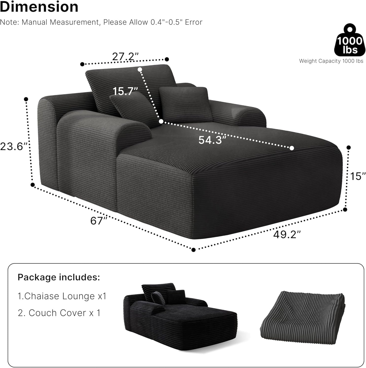 68'' Chaise Lounge Chair Indoor, Grey Plush Corduroy Cloud Couch