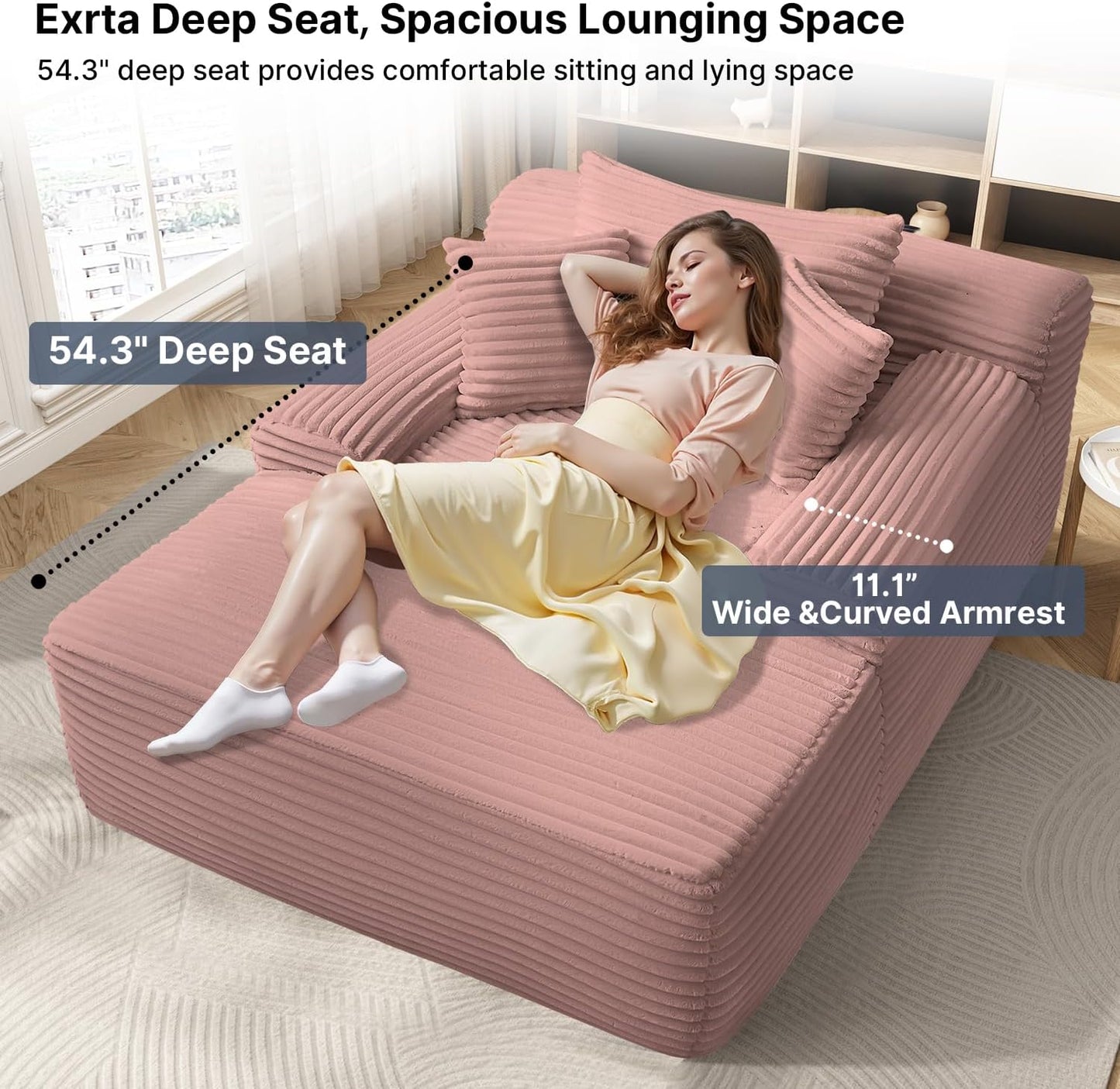 68'' Chaise Lounge Chair Indoor, Grey Plush Corduroy Cloud Couch