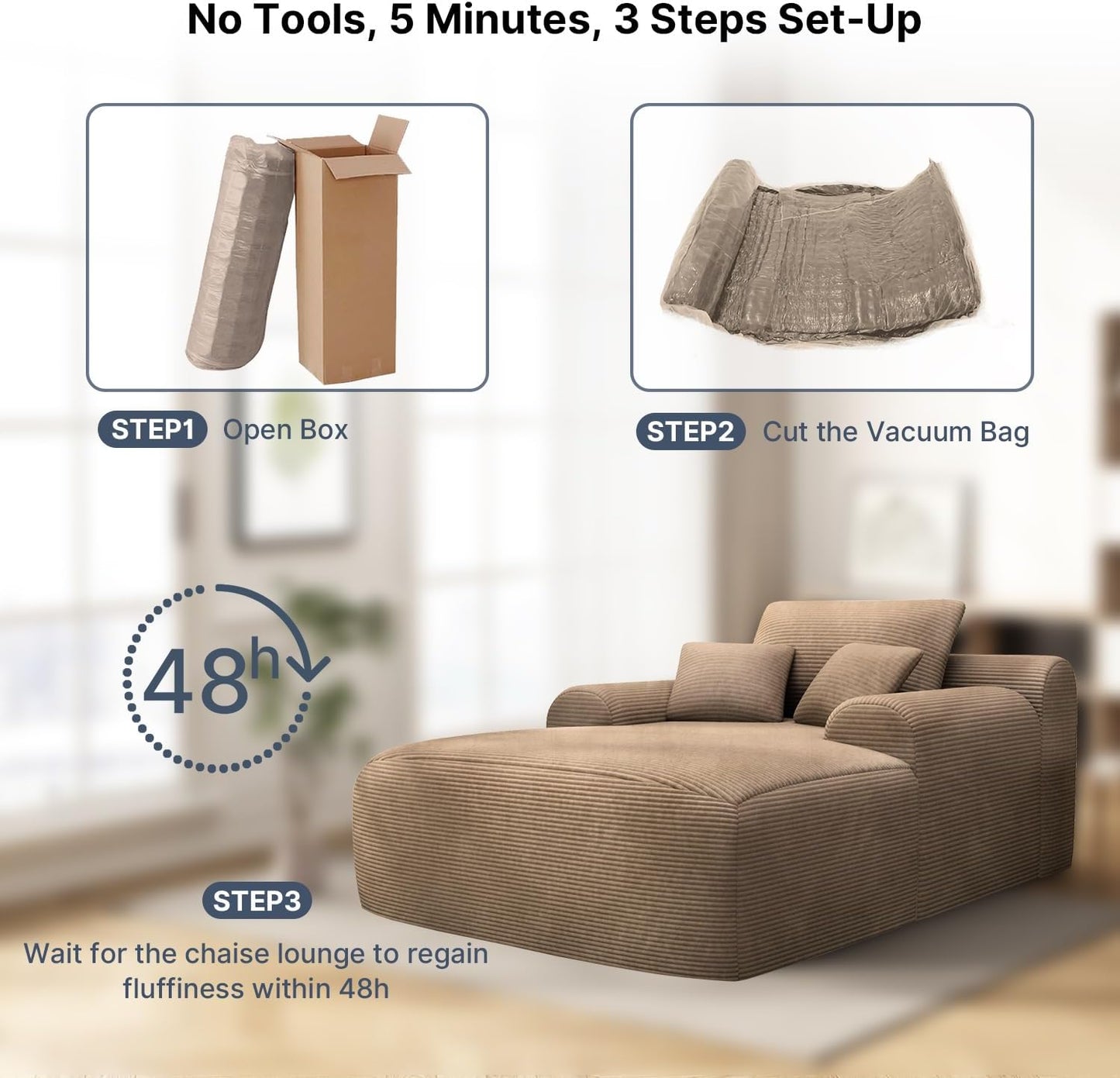 68'' Chaise Lounge Chair Indoor, Grey Plush Corduroy Cloud Couch