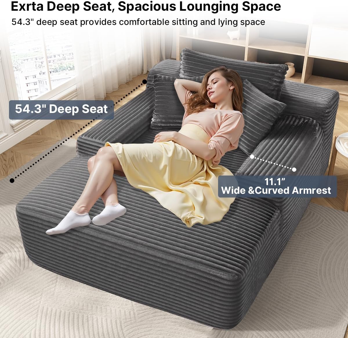 68'' Chaise Lounge Chair Indoor, Grey Plush Corduroy Cloud Couch