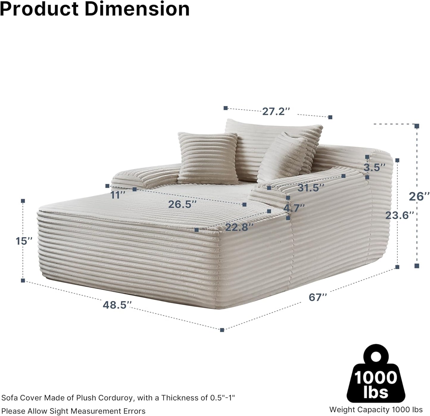 68'' Chaise Lounge Chair Indoor, Grey Plush Corduroy Cloud Couch