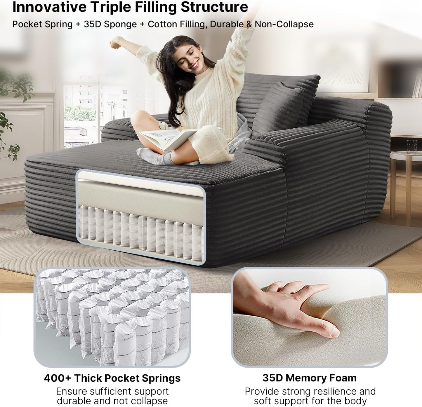 68'' Chaise Lounge Chair Indoor, Grey Plush Corduroy Cloud Couch