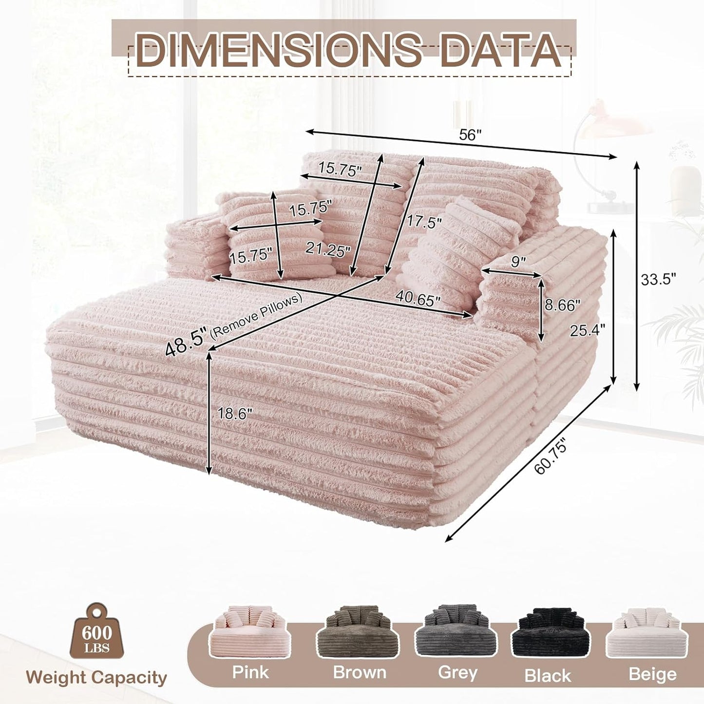 56"W Oversized Chaise Lounge Chair Indoor