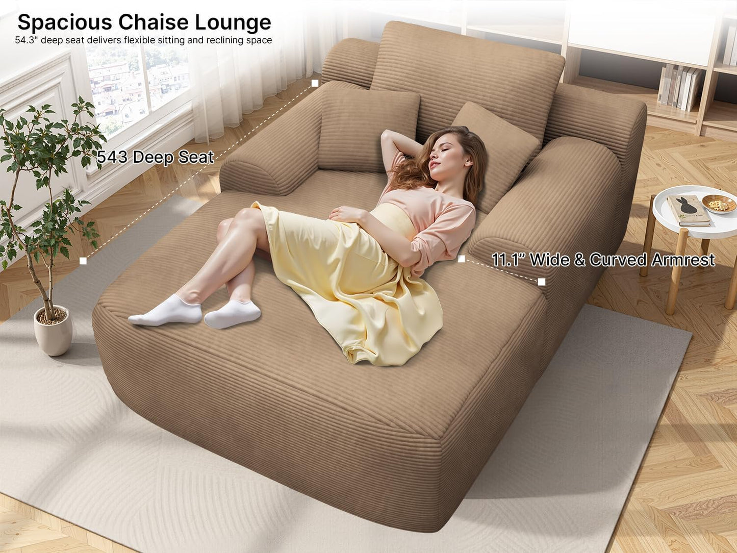 68'' Chaise Lounge Chair Indoor, Grey Plush Corduroy Cloud Couch