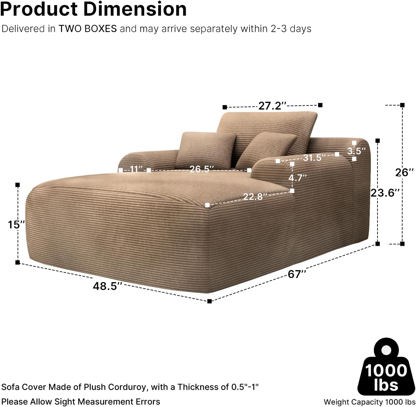 68'' Chaise Lounge Chair Indoor, Grey Plush Corduroy Cloud Couch