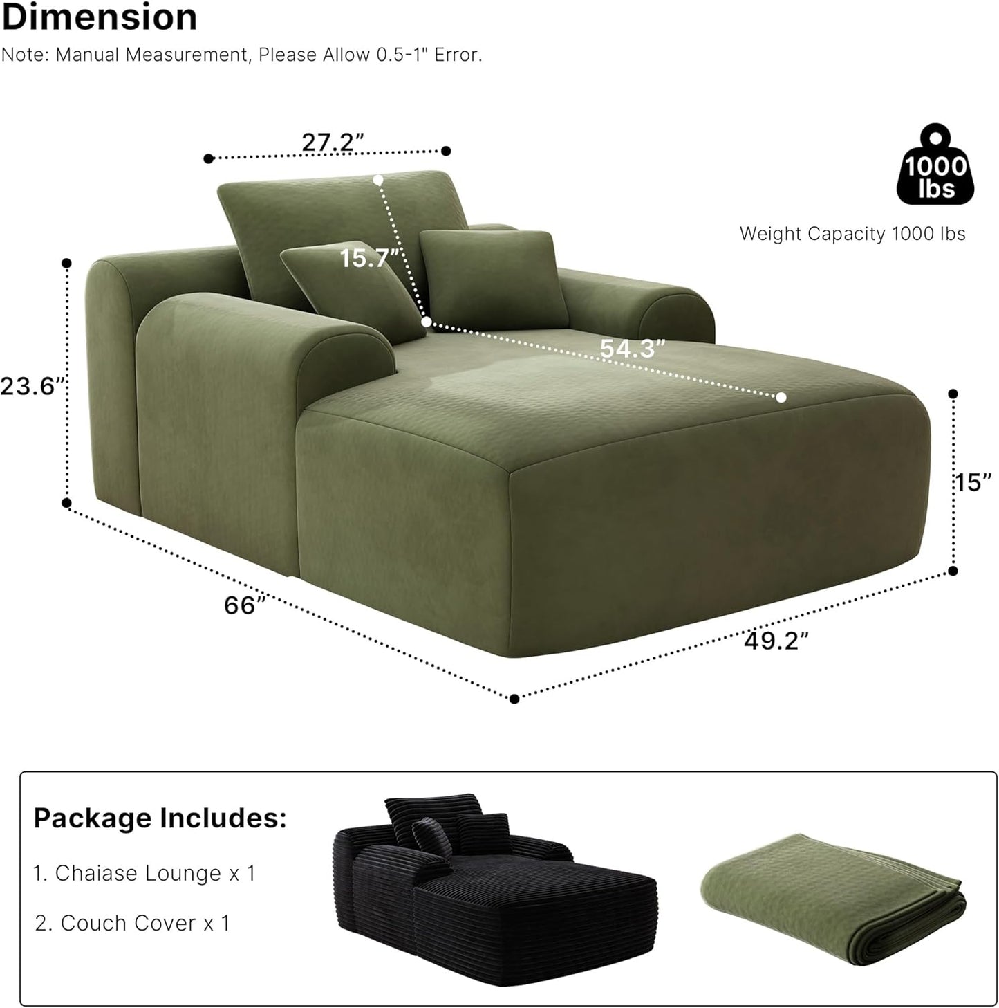 68'' Chaise Lounge Chair Indoor, Grey Plush Corduroy Cloud Couch