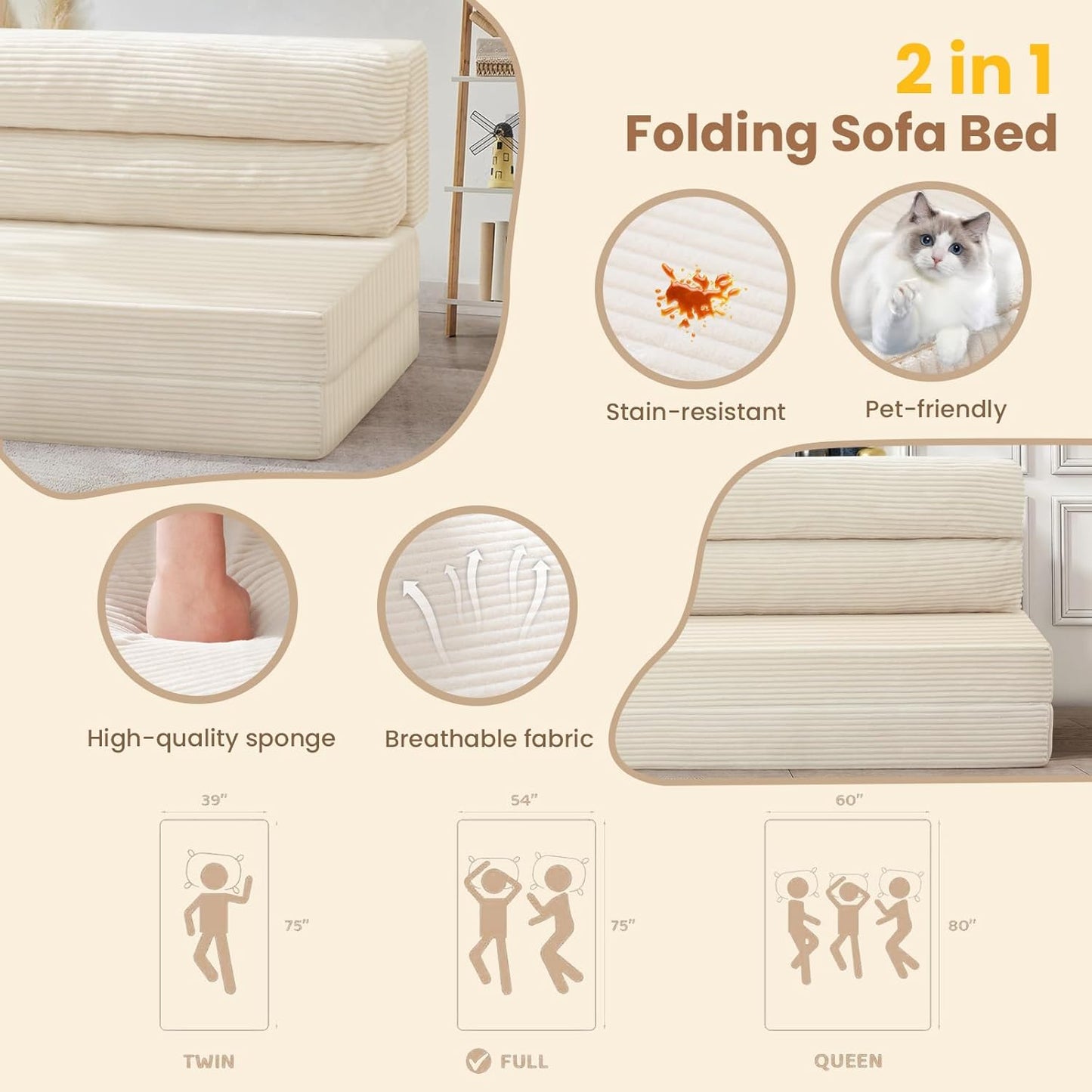 Folding Sofa Bed, Convertible Sleeper Chair
