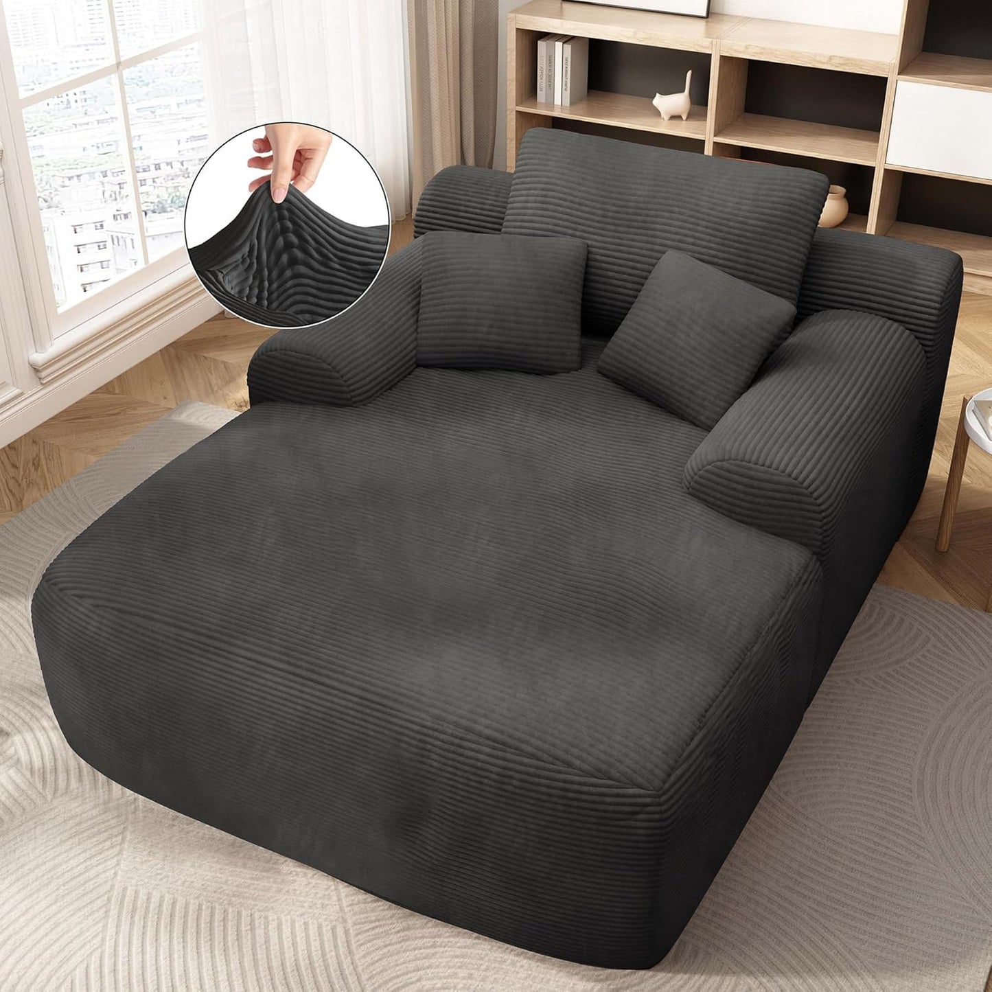 68'' Chaise Lounge Chair Indoor, Grey Plush Corduroy Cloud Couch