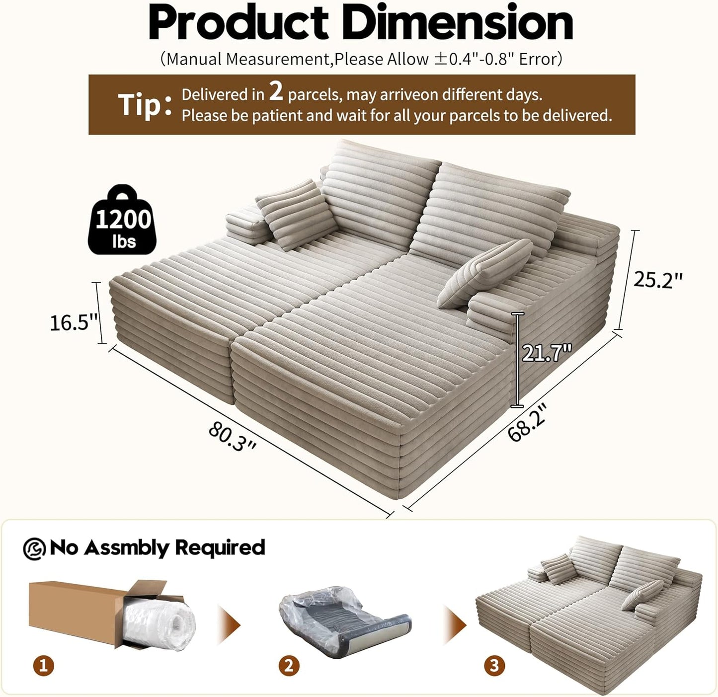 80” Oversized Double Lounge Chaise,Cloud Plush Sofa Bed
