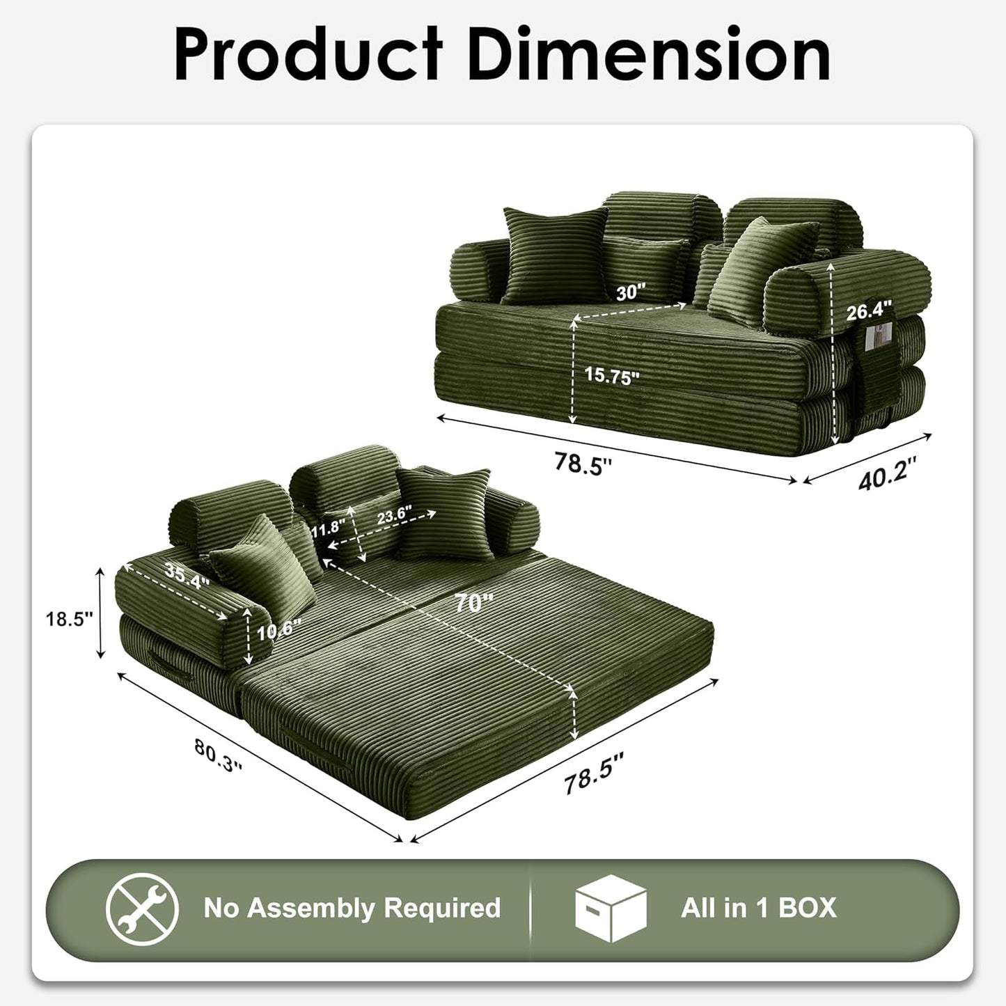 Convertible Sleeper Sofa Bed, 78.5" Corduroy Foldable Loveseat Sofa