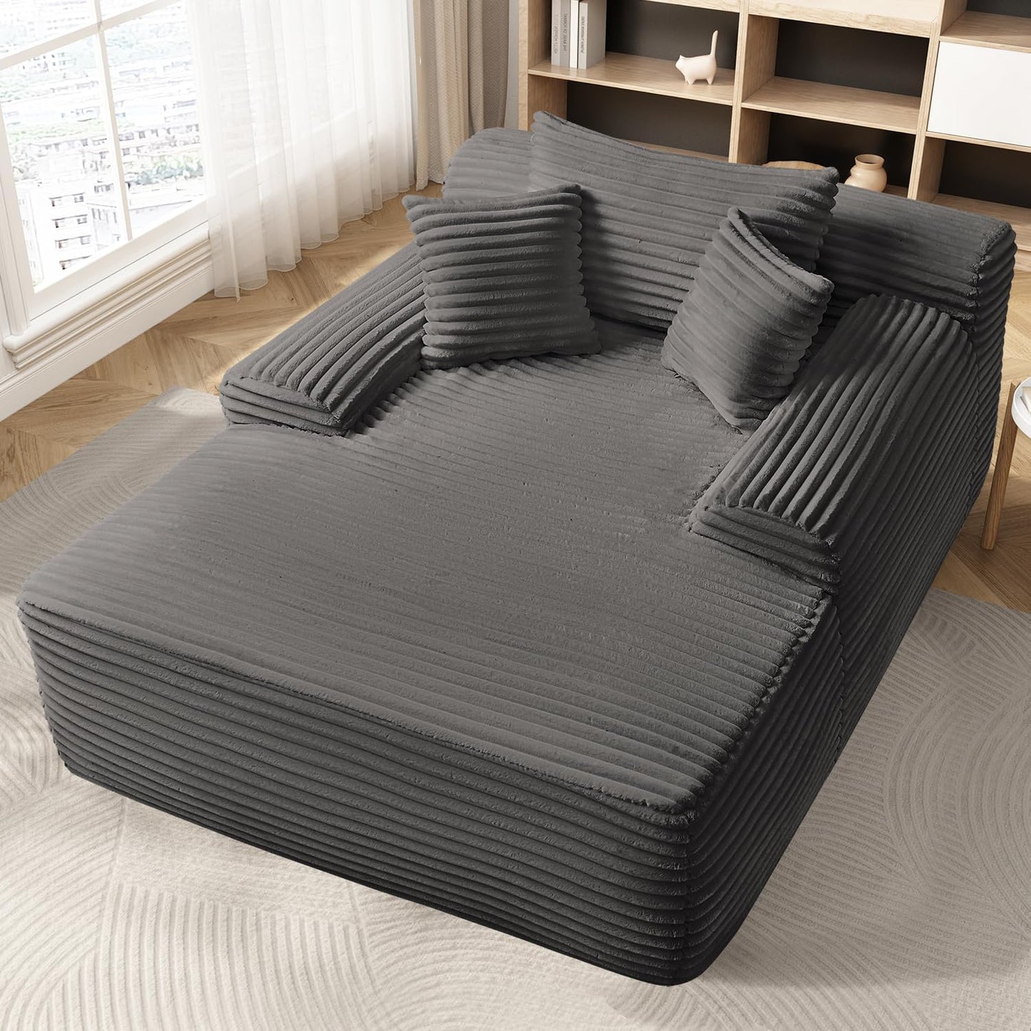 68'' Chaise Lounge Chair Indoor, Grey Plush Corduroy Cloud Couch