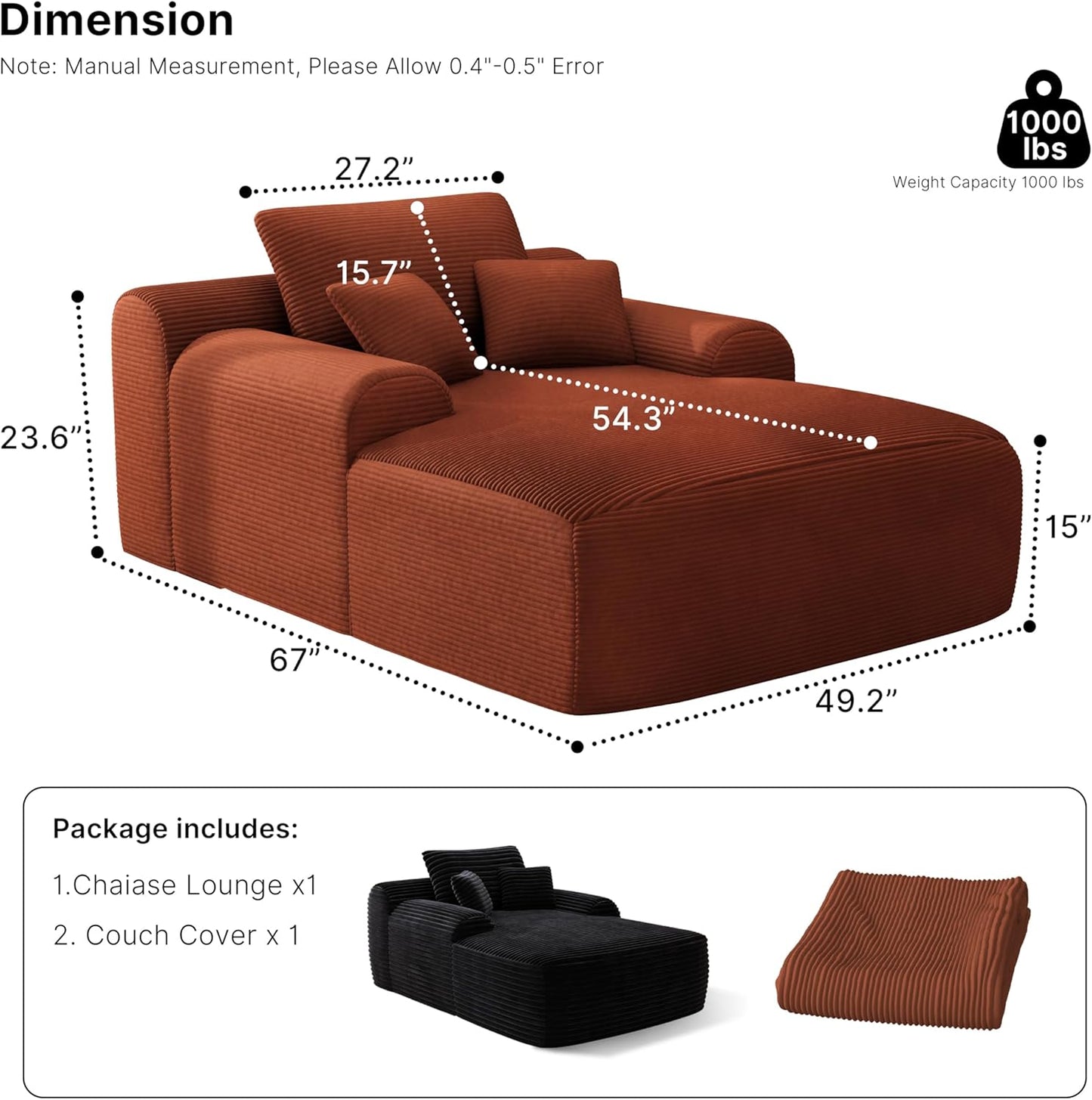 68'' Chaise Lounge Chair Indoor, Grey Plush Corduroy Cloud Couch