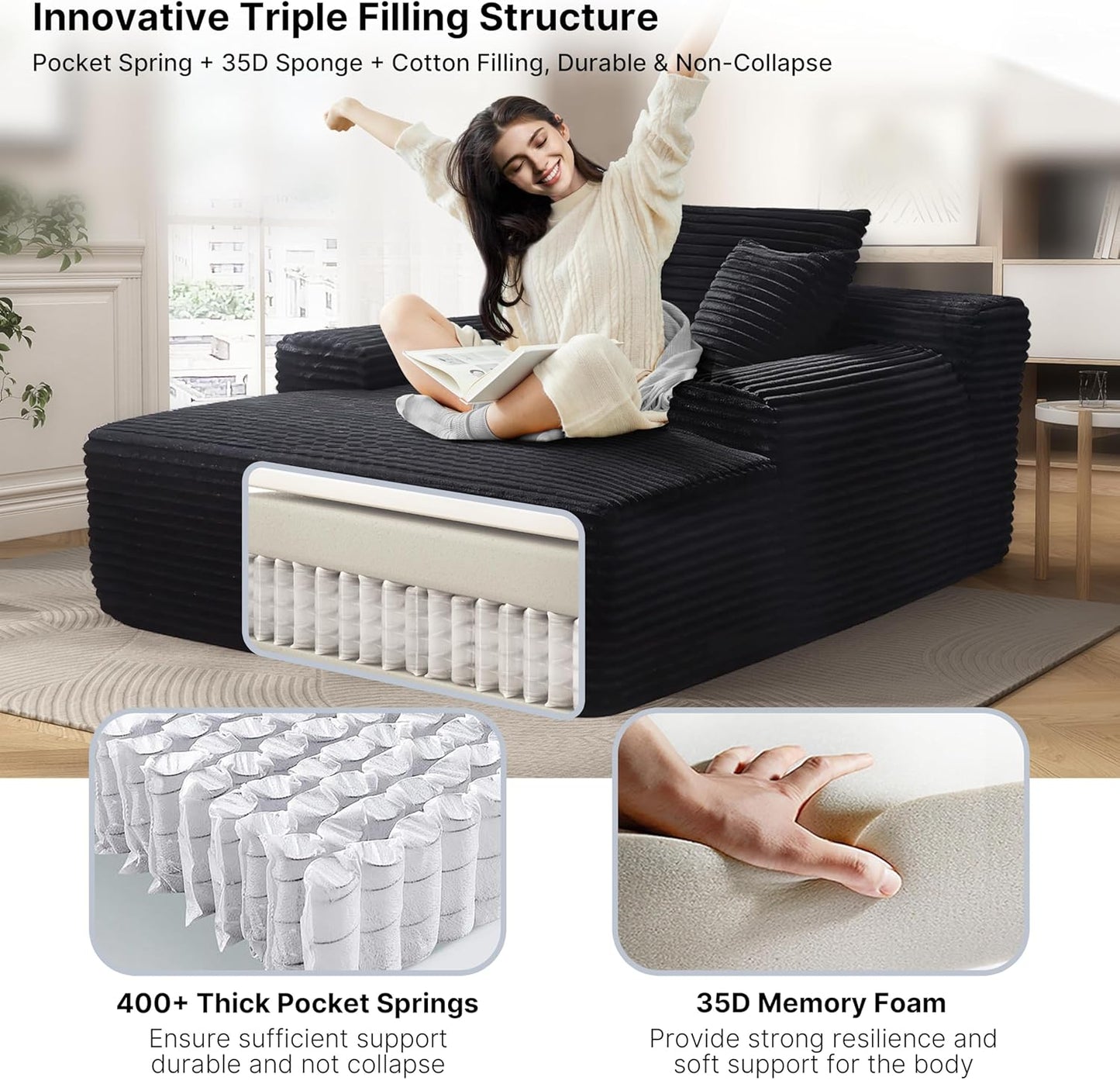 68'' Chaise Lounge Chair Indoor, Grey Plush Corduroy Cloud Couch