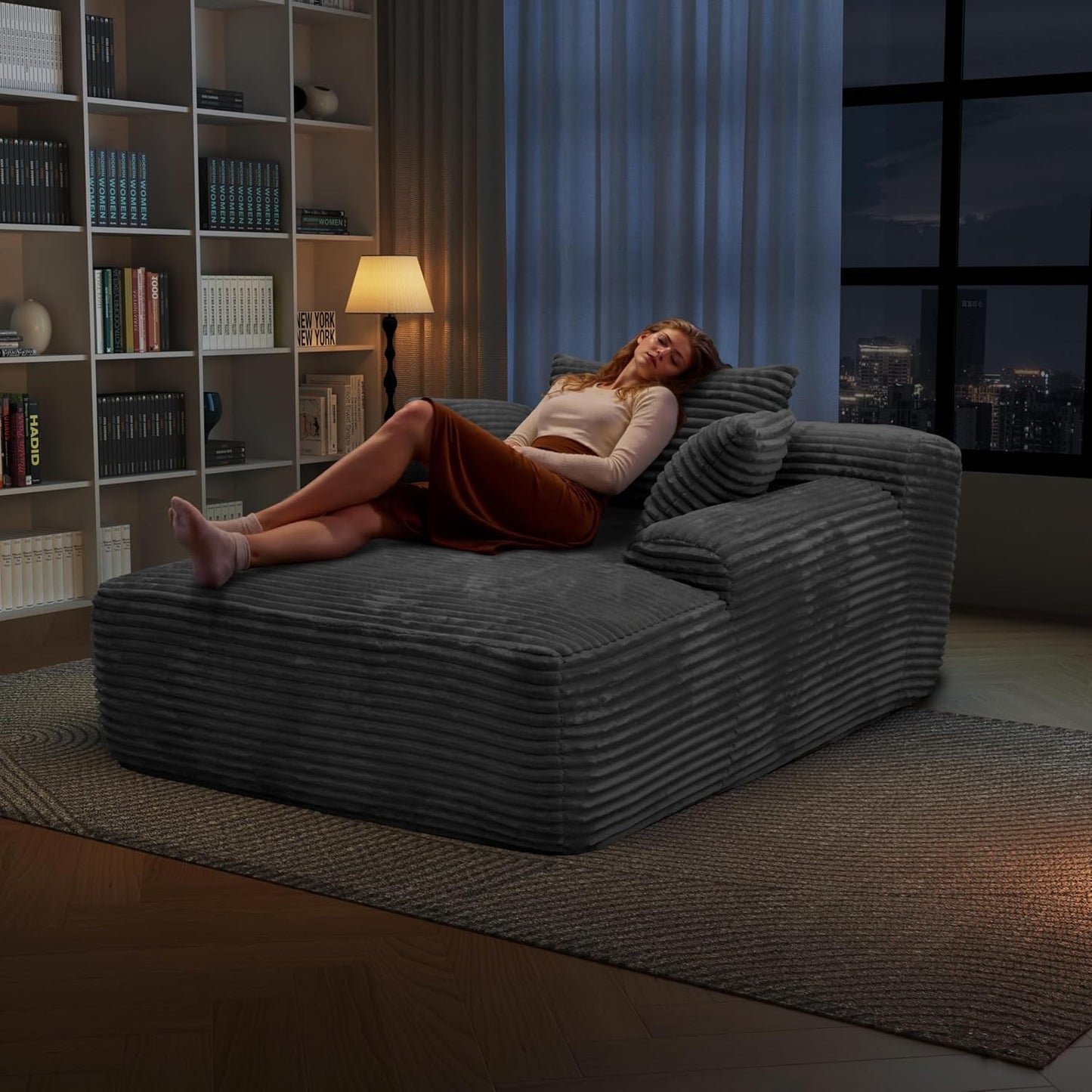 68'' Chaise Lounge Chair Indoor, Grey Plush Corduroy Cloud Couch