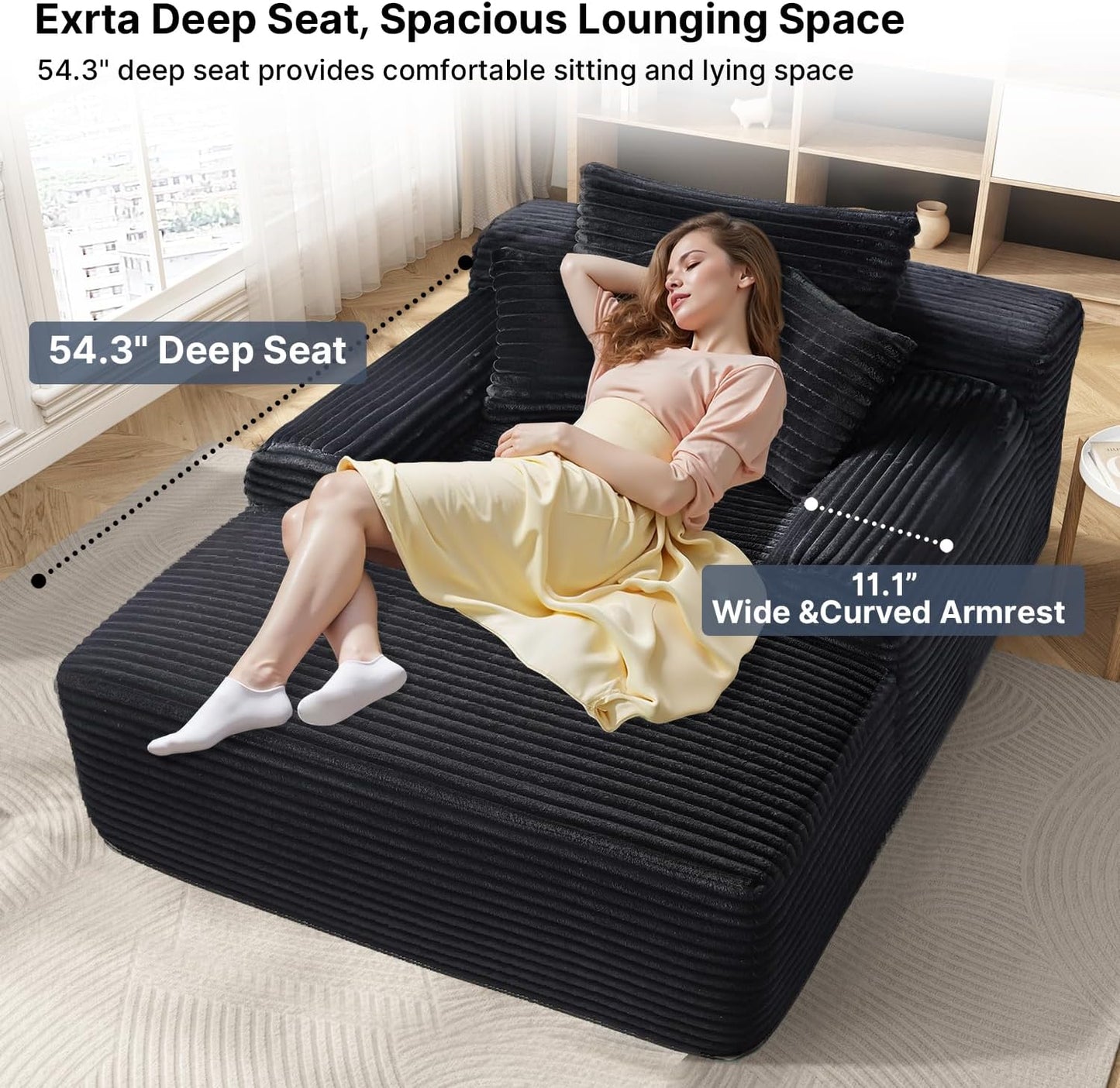 68'' Chaise Lounge Chair Indoor, Grey Plush Corduroy Cloud Couch