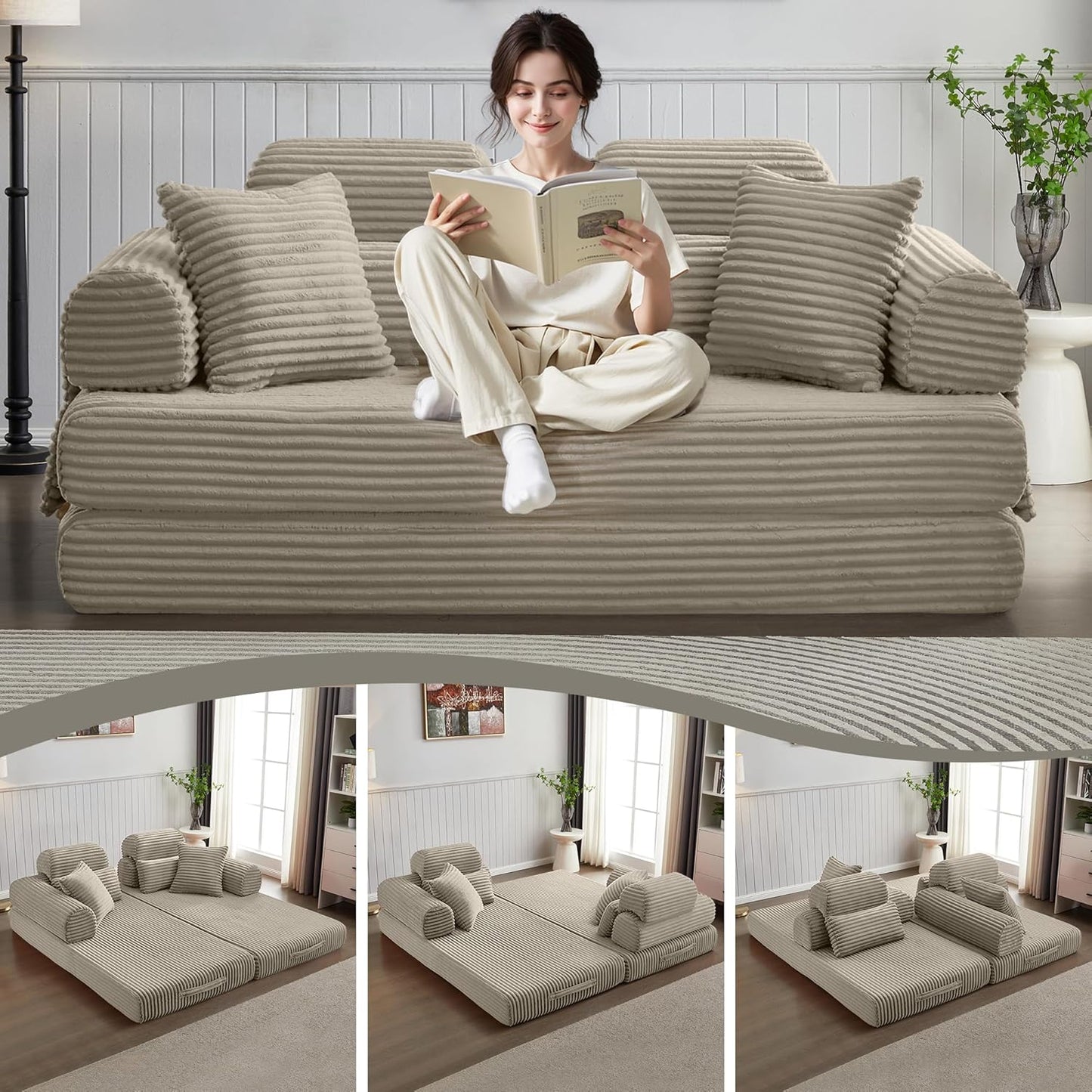 Convertible Sleeper Sofa Bed, 78.5" Corduroy Foldable Loveseat Sofa