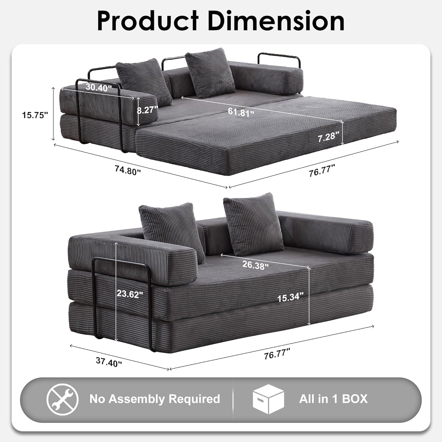 Convertible Sleeper Sofa Bed, 78.5" Corduroy Foldable Loveseat Sofa