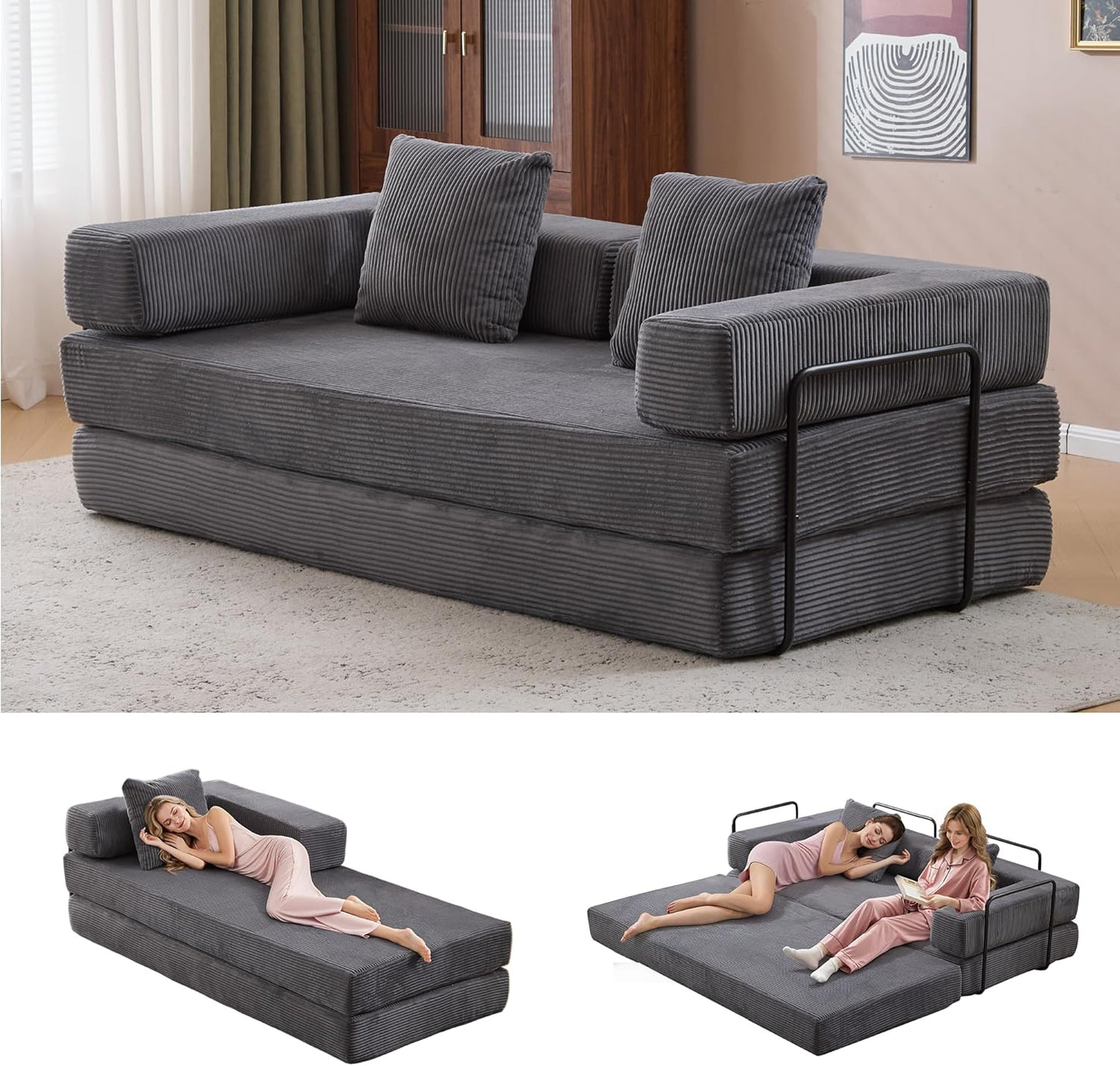 Convertible Sleeper Sofa Bed, 78.5" Corduroy Foldable Loveseat Sofa