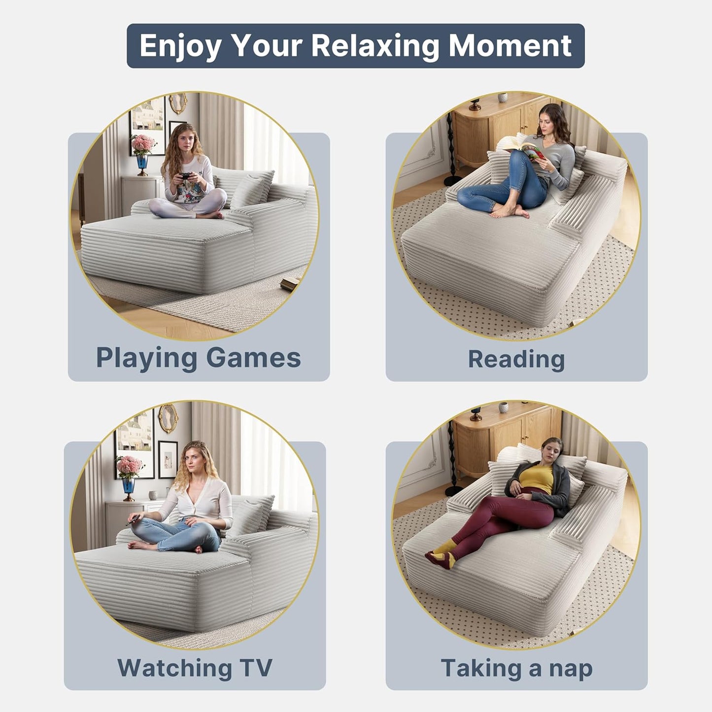 68'' Chaise Lounge Chair Indoor, Grey Plush Corduroy Cloud Couch