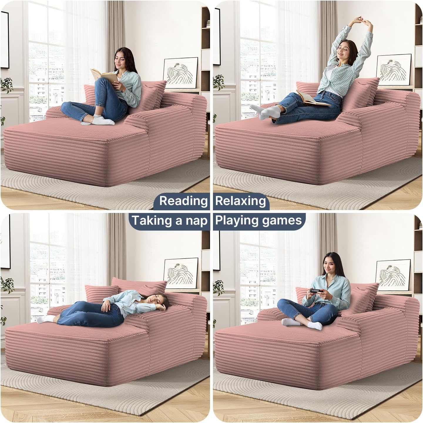 68'' Chaise Lounge Chair Indoor, Grey Plush Corduroy Cloud Couch