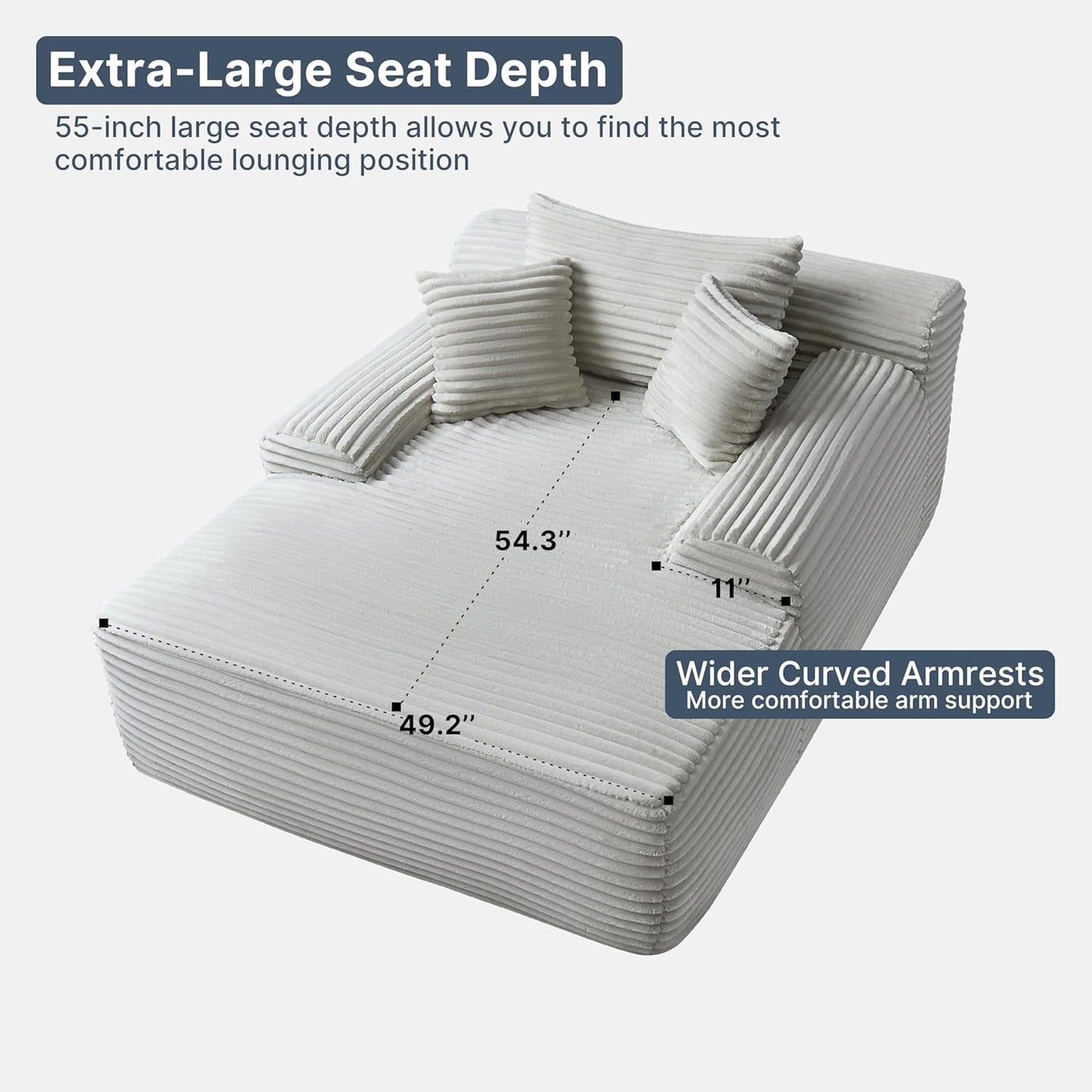 68'' Chaise Lounge Chair Indoor, Grey Plush Corduroy Cloud Couch