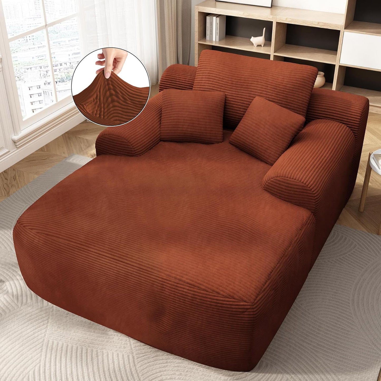 68'' Chaise Lounge Chair Indoor, Grey Plush Corduroy Cloud Couch