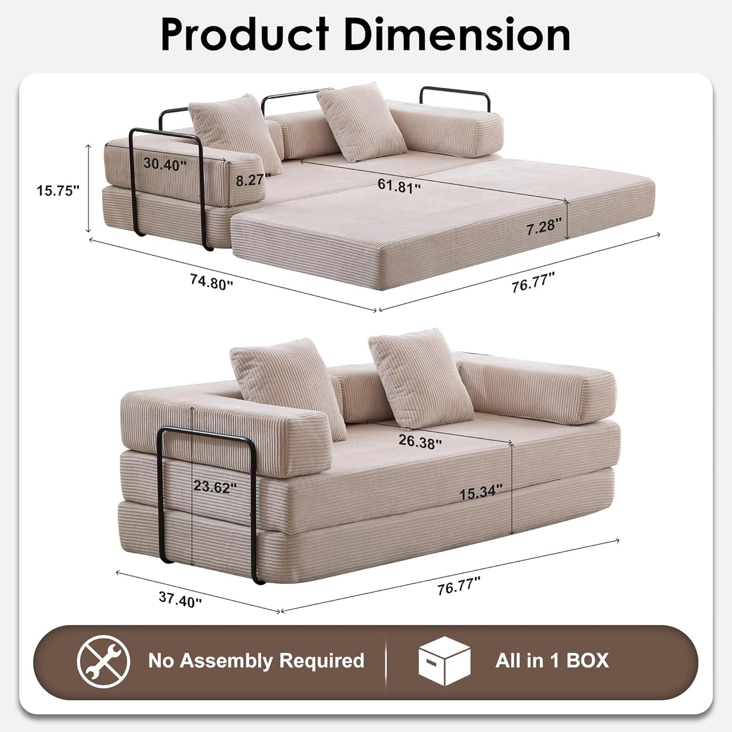 Convertible Sleeper Sofa Bed, 78.5" Corduroy Foldable Loveseat Sofa