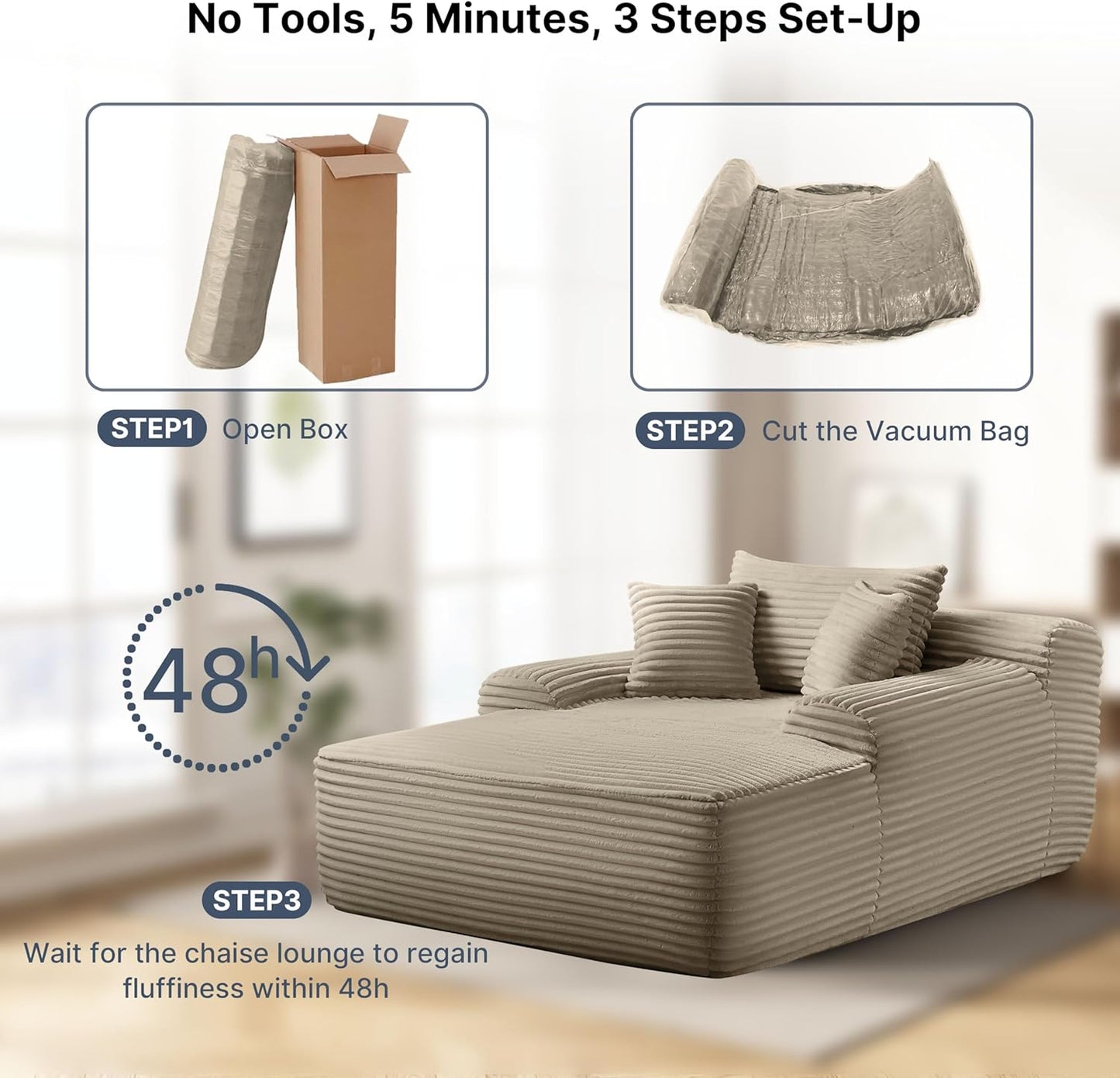 68'' Chaise Lounge Chair Indoor, Grey Plush Corduroy Cloud Couch