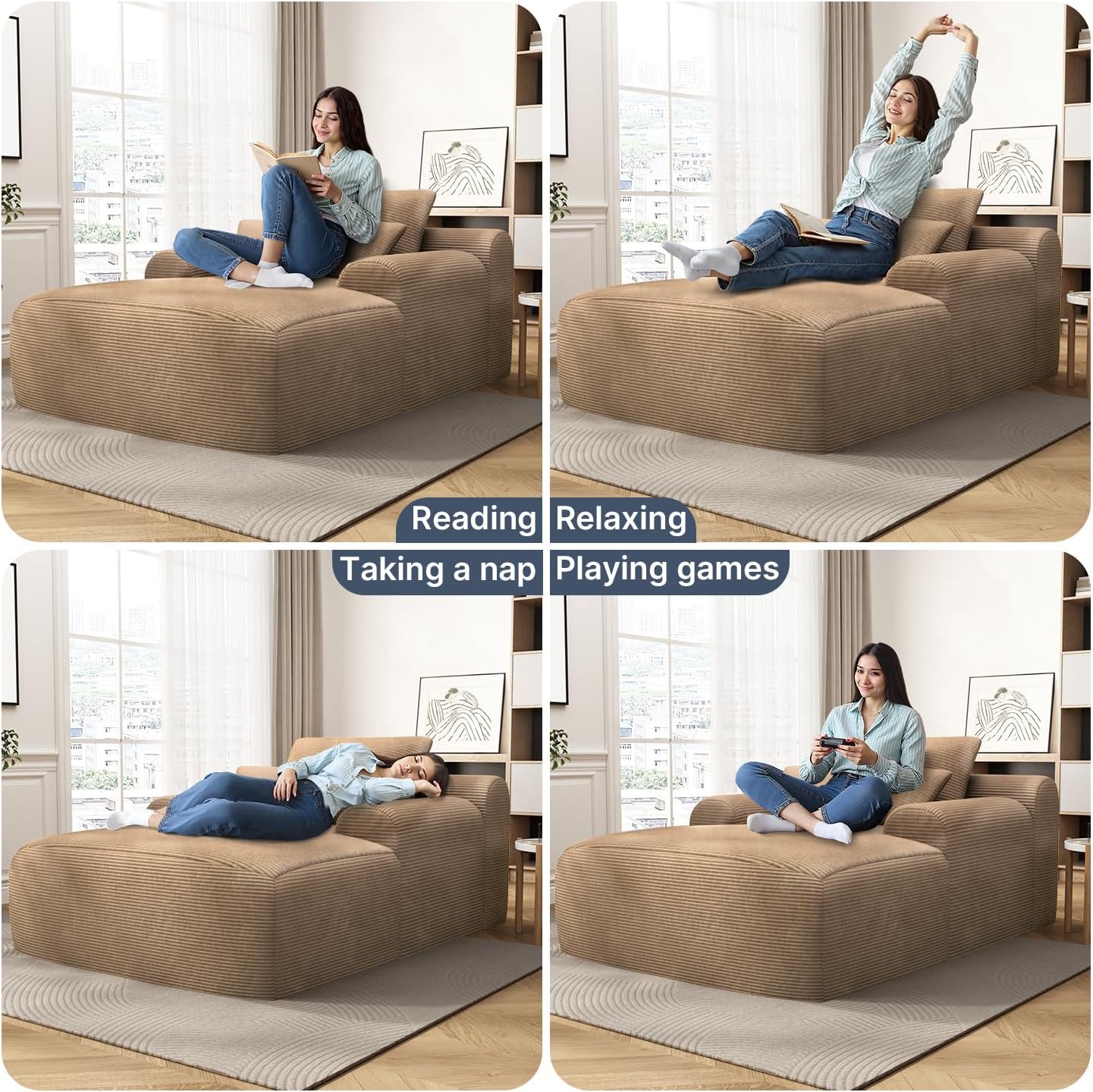 68'' Chaise Lounge Chair Indoor, Grey Plush Corduroy Cloud Couch