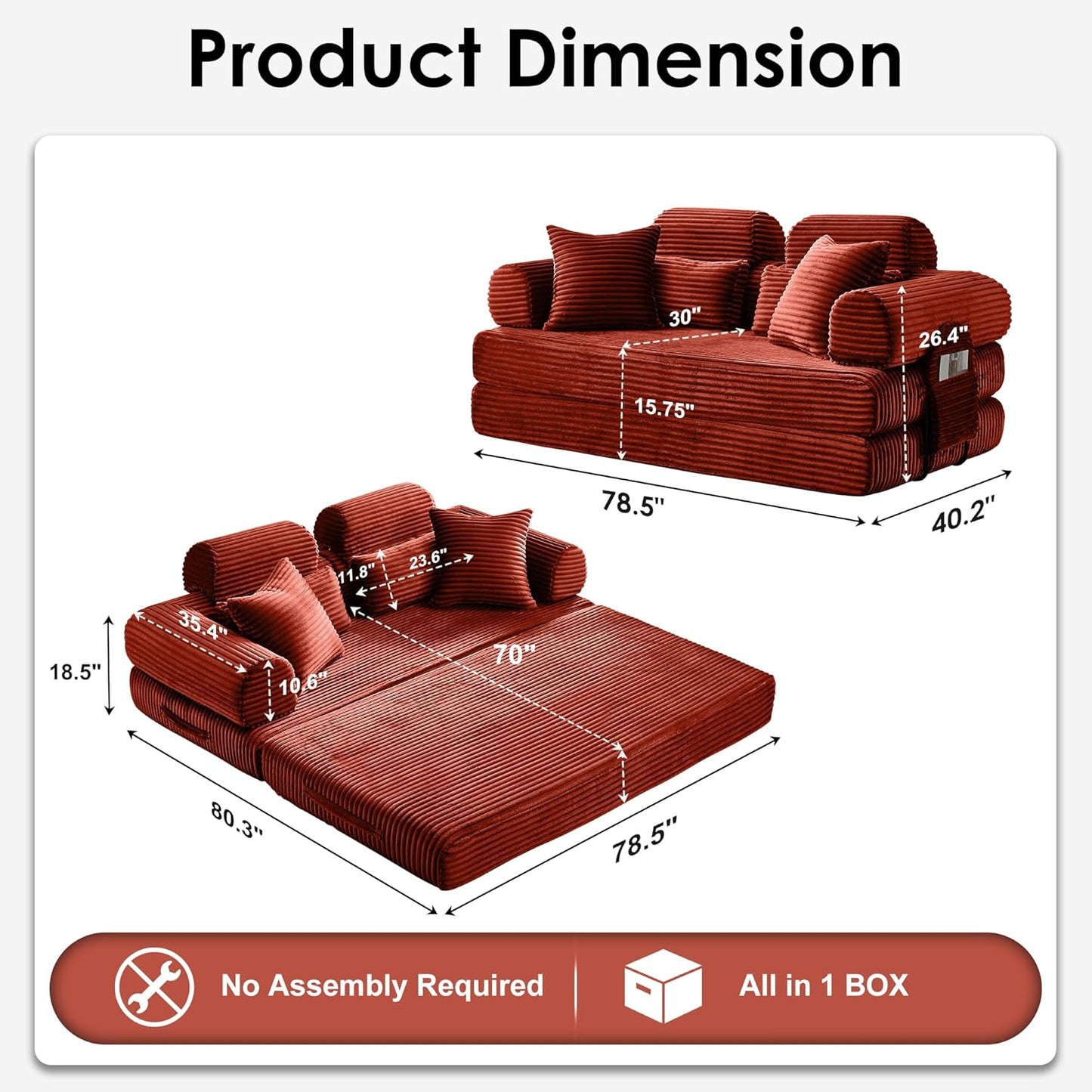 Convertible Sleeper Sofa Bed, 78.5" Corduroy Foldable Loveseat Sofa