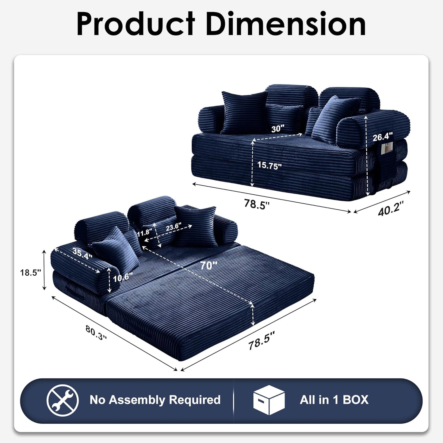 Convertible Sleeper Sofa Bed, 78.5" Corduroy Foldable Loveseat Sofa
