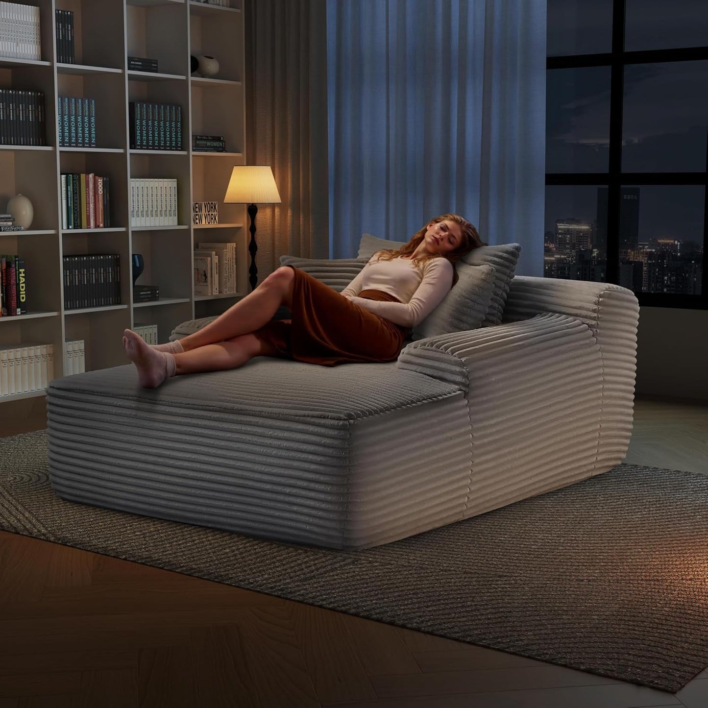 68'' Chaise Lounge Chair Indoor, Grey Plush Corduroy Cloud Couch