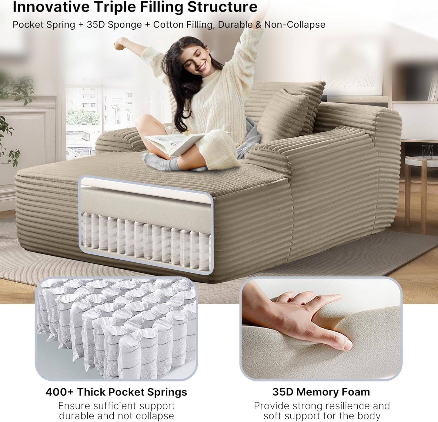 68'' Chaise Lounge Chair Indoor, Grey Plush Corduroy Cloud Couch