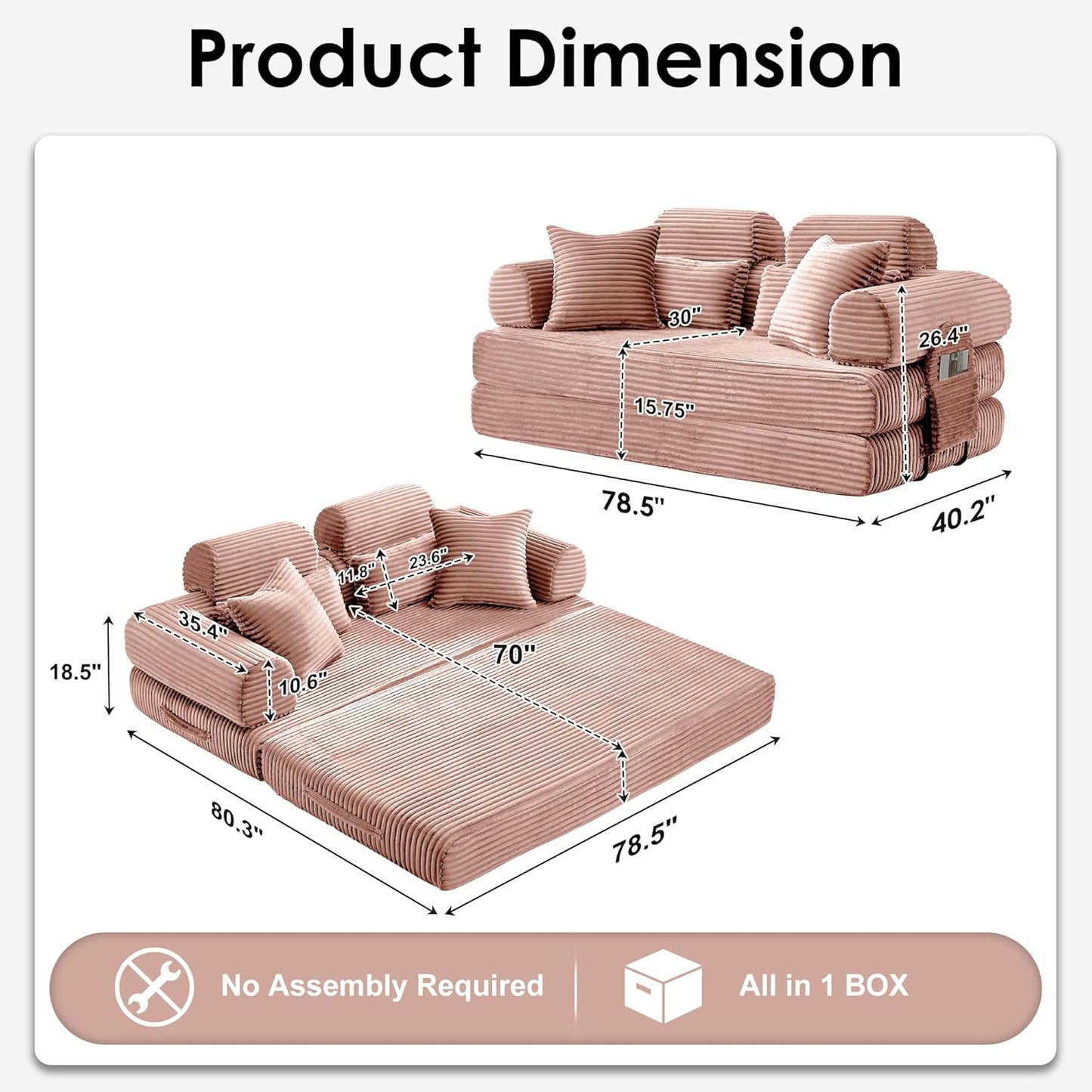 Convertible Sleeper Sofa Bed, 78.5" Corduroy Foldable Loveseat Sofa