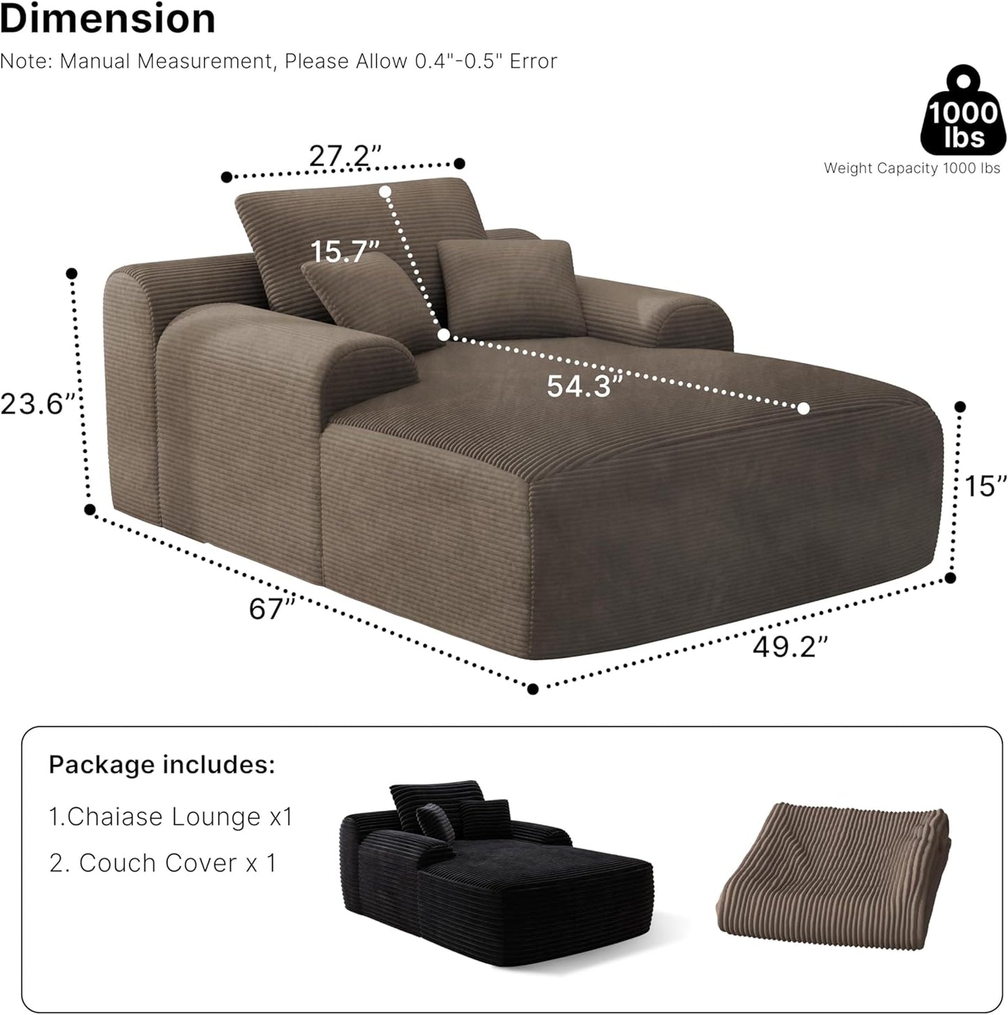 68'' Chaise Lounge Chair Indoor, Grey Plush Corduroy Cloud Couch