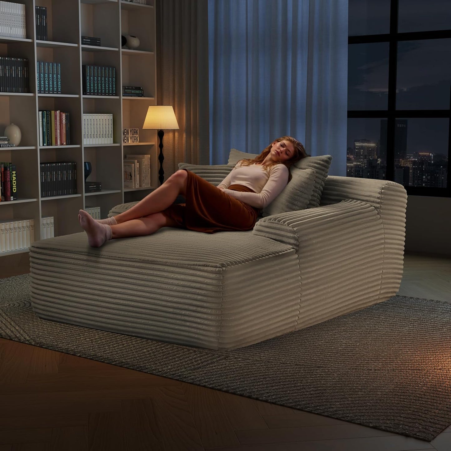 68'' Chaise Lounge Chair Indoor, Grey Plush Corduroy Cloud Couch