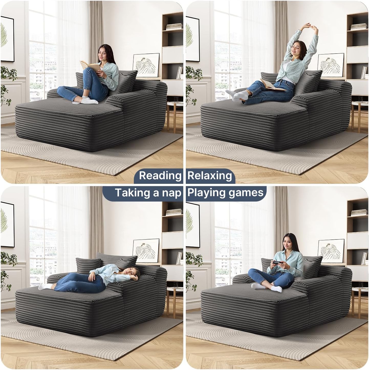 68'' Chaise Lounge Chair Indoor, Grey Plush Corduroy Cloud Couch