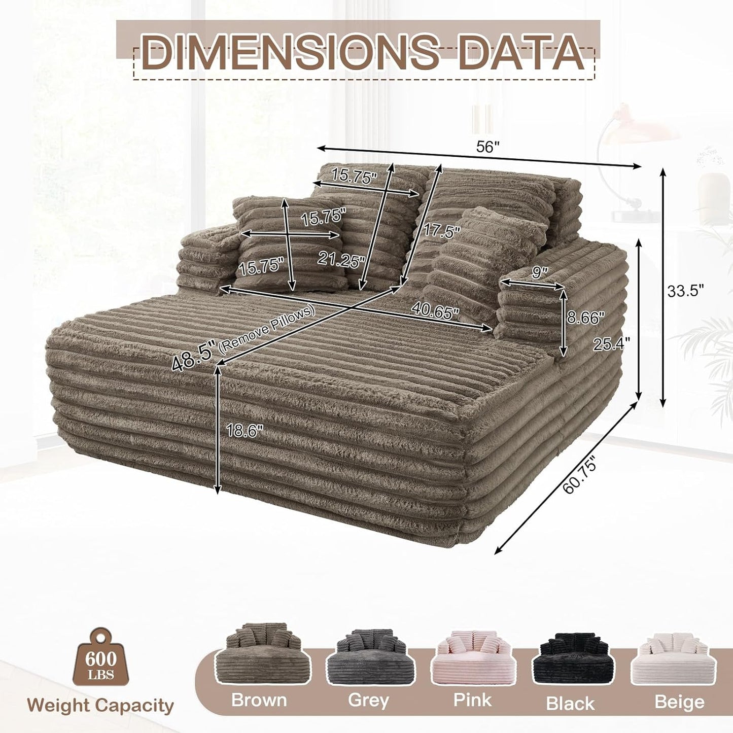 56"W Oversized Chaise Lounge Chair Indoor