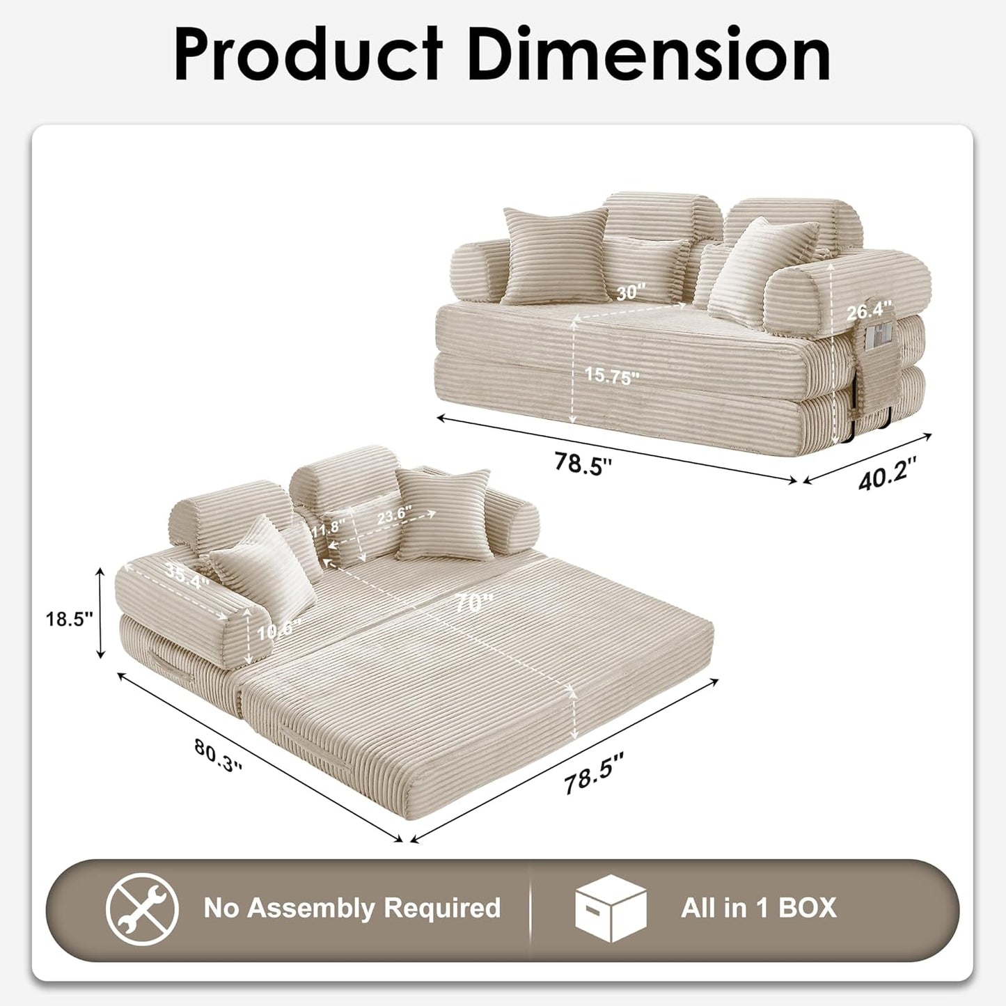 Convertible Sleeper Sofa Bed, 78.5" Corduroy Foldable Loveseat Sofa