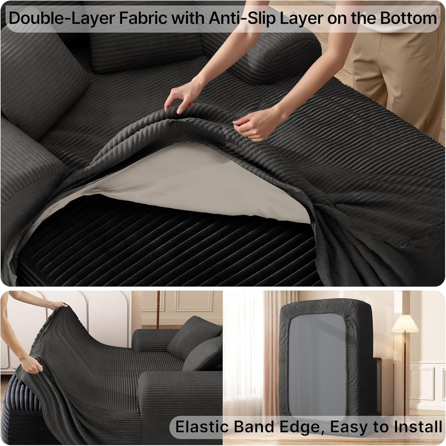 68'' Chaise Lounge Chair Indoor, Grey Plush Corduroy Cloud Couch