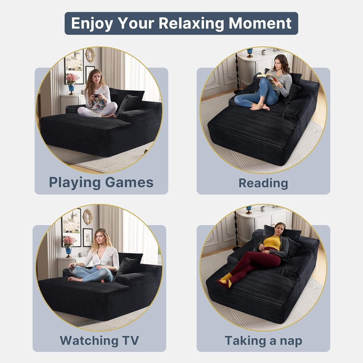 68'' Chaise Lounge Chair Indoor, Grey Plush Corduroy Cloud Couch