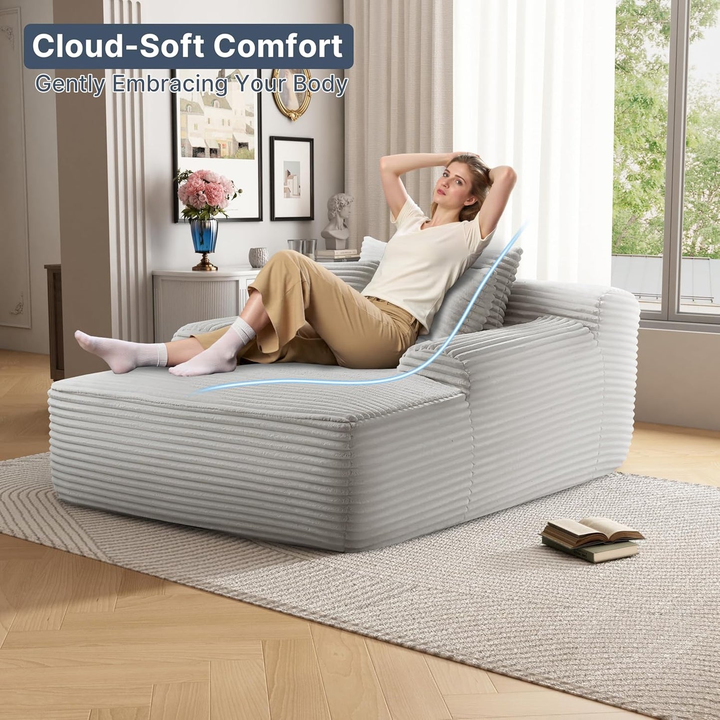 68'' Chaise Lounge Chair Indoor, Grey Plush Corduroy Cloud Couch