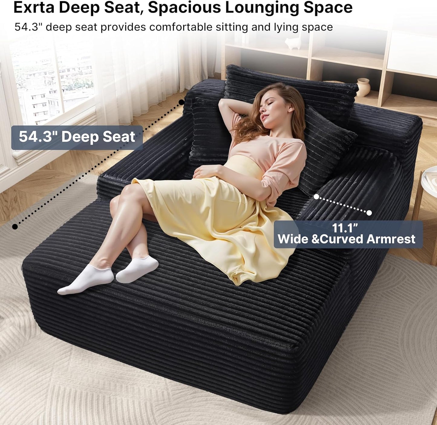 68'' Chaise Lounge Chair Indoor, Grey Plush Corduroy Cloud Couch