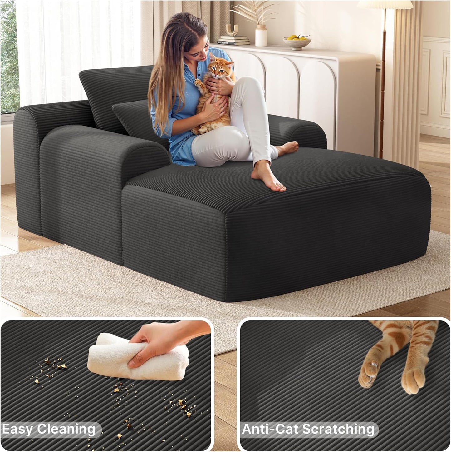 68'' Chaise Lounge Chair Indoor, Grey Plush Corduroy Cloud Couch