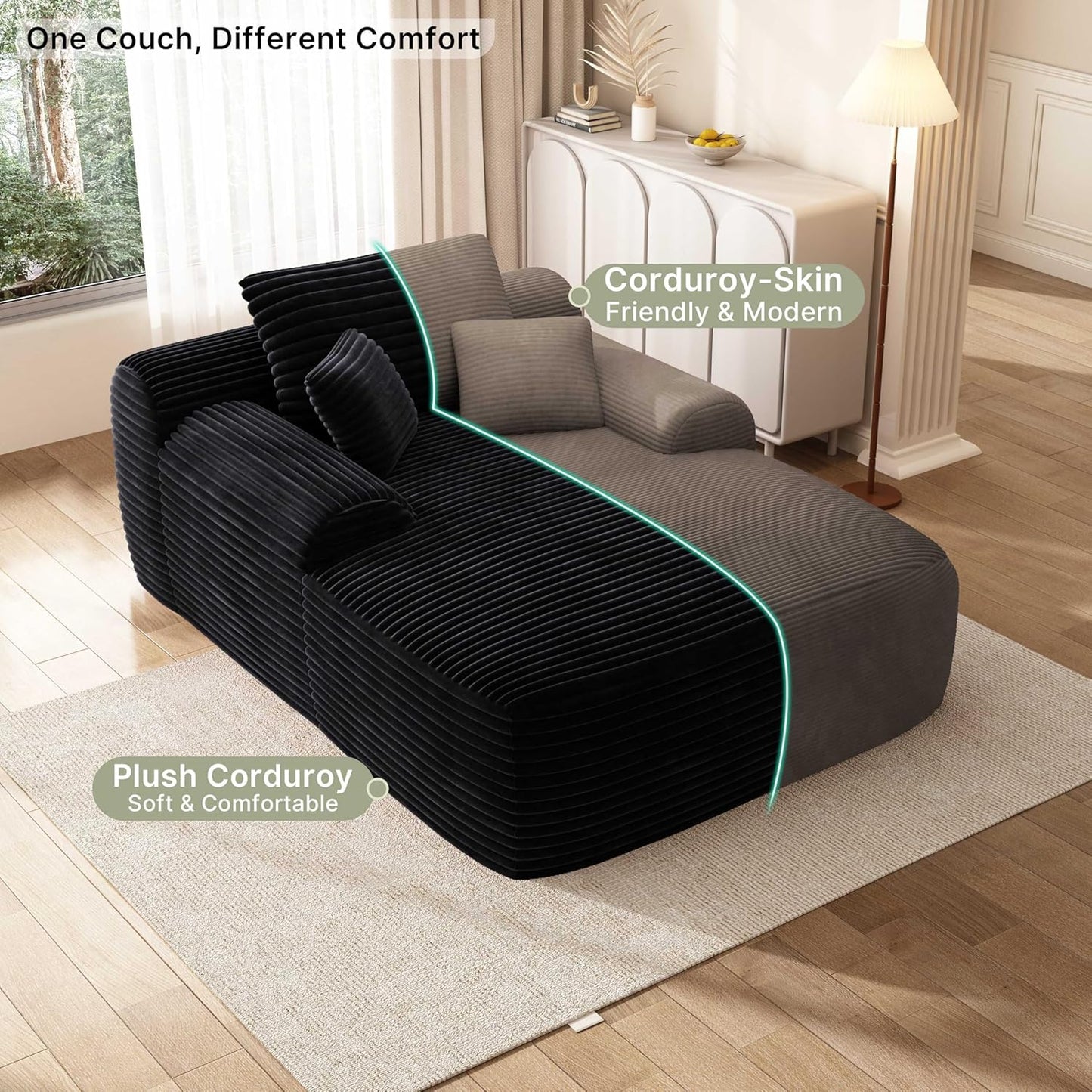 68'' Chaise Lounge Chair Indoor, Grey Plush Corduroy Cloud Couch