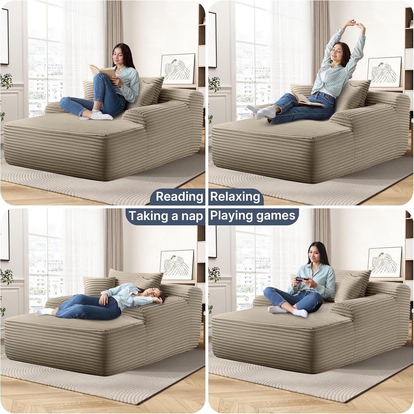 68'' Chaise Lounge Chair Indoor, Grey Plush Corduroy Cloud Couch